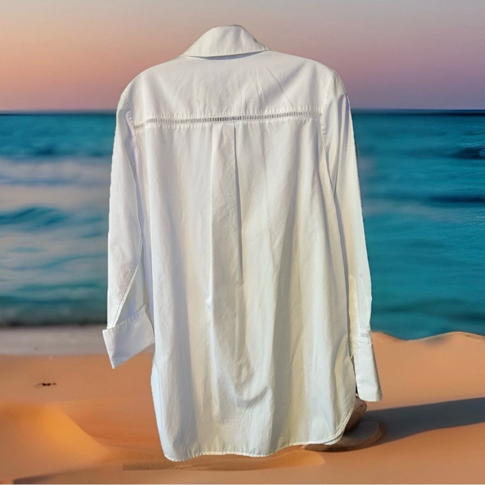 Vince White 100% Cotton Button Down Shirt Med Embroidered Trim Breathable Blouse - Picture 7 of 8